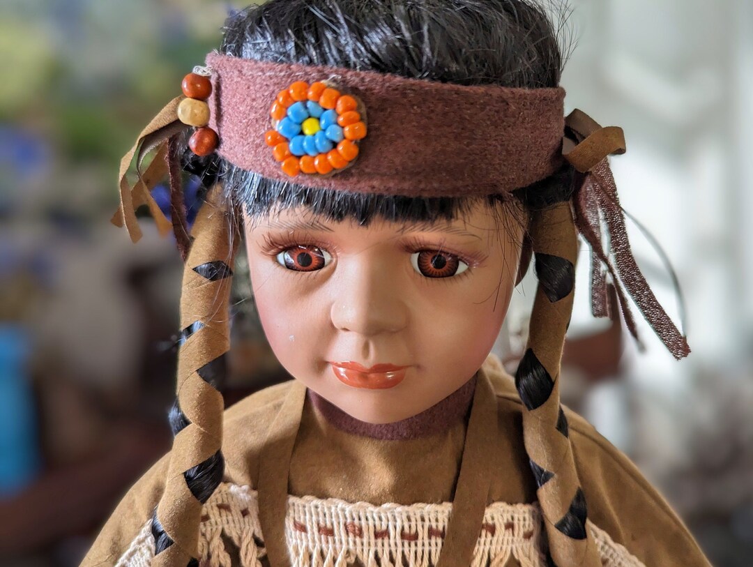 Vintage Porcelain Native American Doll, 19 Inch Native American Doll