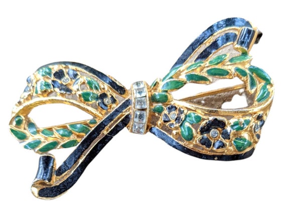 Vintage Bow brooch with rhinestones in center, gr… - image 7