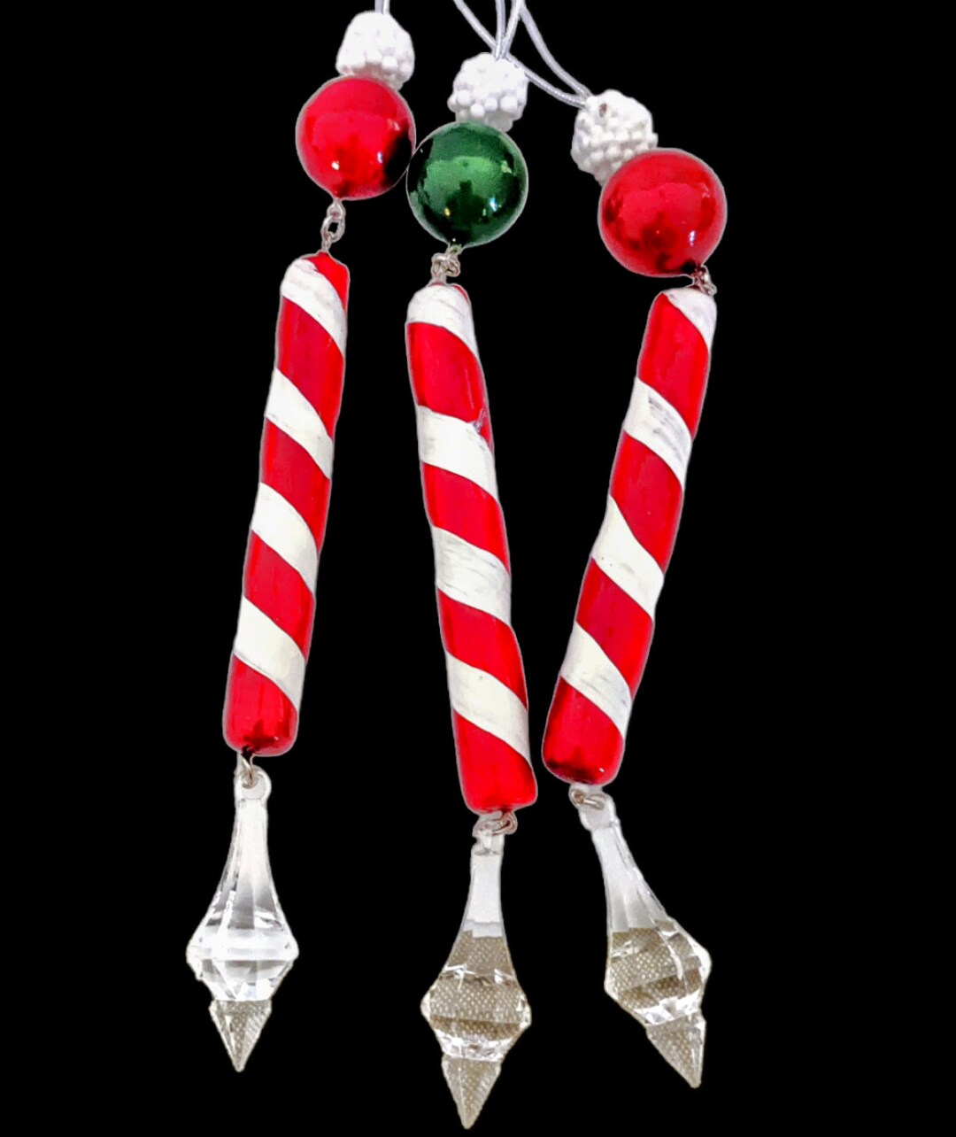 Trio of Vintage Christmas Tree Ornaments Striped Candy Cane Pattern