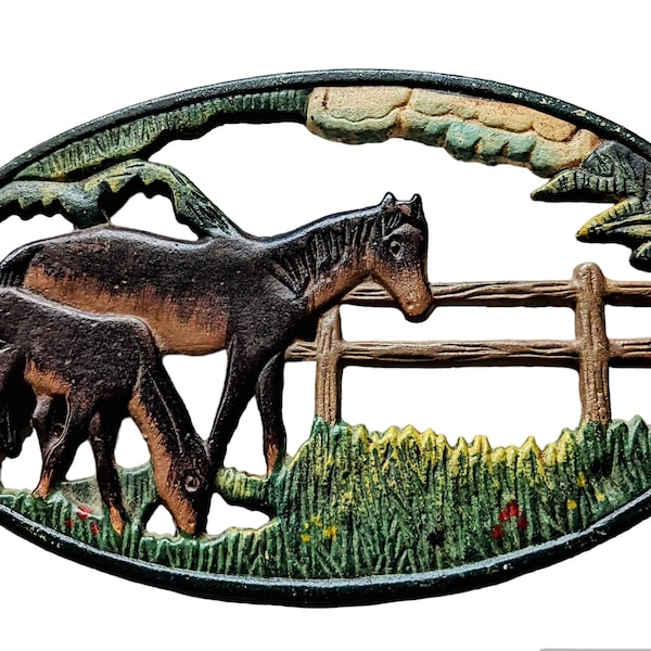 Vintage Cast Iron Horse with Foam Footed Trivet, hand painted horse Trivet, horse Trivet with spilt rail fence, greenery, and cloud.