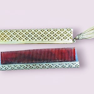 Vintage Napier Comb Set, Rare filigree comb, slides in and out of cover, 1960's, hard to find. 1 3/4 inch tassel. Art Deco Comb Set