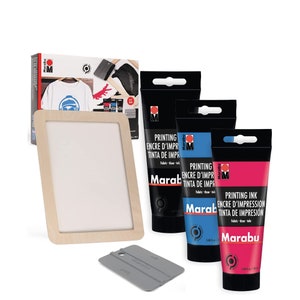 Marabu Screen Printing Kit Set - With 3 x 100ml Screen Printing Ink, Frame, and Squeegee - Screen Printing Kit for Beginners