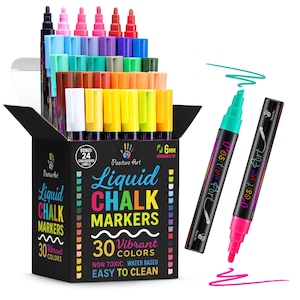Liquid Chalk Markers Set, 30 Colors, Washable & Erasable Chalk Pens for Boards, Glass, Window, Mirror - 6mm Reversible Chisel/Bullet Tip