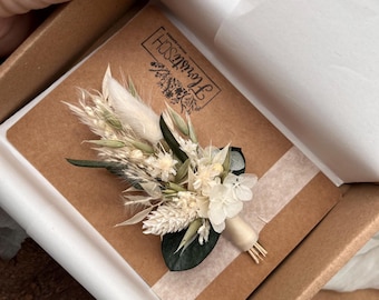 Trockenblumen Anstecker | Boutonniere Bräutigam | Trauzeuge, Kommunion, Konfirmation … | Blumenschmuck Anzug | weiß- grün