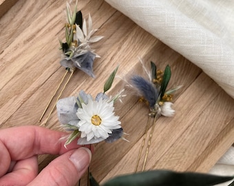 Ensemble d’épingles à cheveux fleuries de 3 ou 5 | Épingles à cheveux Estivales | blanc - bleu - jaune - vert | Accessoires pour cheveux à base de fleurs séchées