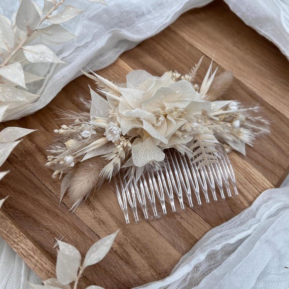 Trockenblumen Haarschmuck Kamm in beige-weiß