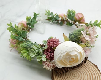 Dog Wedding Flower Collar, Faux Greenery and Silk Flowers Wedding Wreath, Rose Crown, Flower Girls Wreath, Dog Birthday Attire