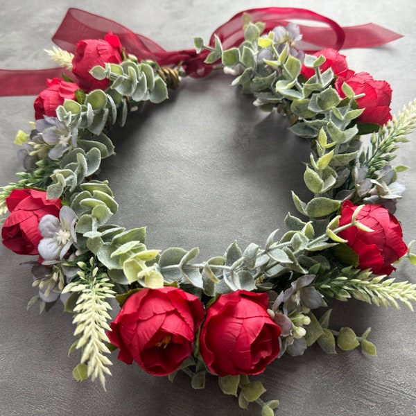 Dog Wedding Flower Collar, Faux Greenery and Silk Flowers Wedding Wreath, Red Flower Crown, Flower Girls Wreath, Dog Birthday Attire