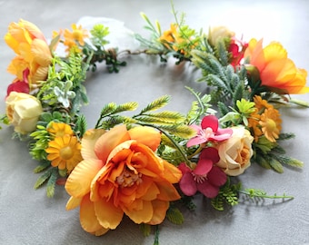 Dog Wedding Flower Collar, Orange Flower Wreath, Faux Greenery and Silk Flowers Wedding Crown, Flower Girls Wreath, Dog Birthday Attire