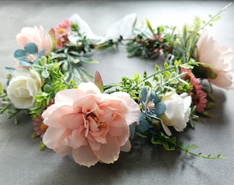 Dog Wedding Flower Collar, Pink Flower Wreath, Faux Greenery and Silk Flowers Wedding Crown, Flower Girls Wreath, Dog Birthday Attire