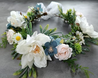 Dog Wedding Flower Collar, White Flower Wreath, Faux Greenery and Silk Flowers Wedding Crown, Flower Girls Wreath, Dog Birthday Attire