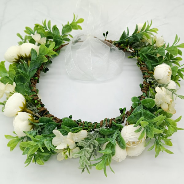 Dog Wedding Flower Collar, Faux Greenery and Silk Flowers Wedding Wreath, White Blue Rose Crown, Flower Girls Wreath, Dog Birthday Attire