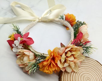 Dog Wedding Flower Collar, Orange Flower Wreath, Faux Greenery and Silk Flowers Wedding Crown, Flower Girls Wreath, Dog Birthday Attire