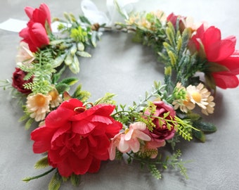 Dog Wedding Flower Collar, Red Flower Wreath, Faux Greenery and Silk Flowers Wedding Crown, Flower Girls Wreath, Dog Birthday Attire