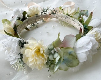 Dog Wedding Flower Collar, White Flower Wreath, Faux Greenery and Silk Flowers Wedding Crown, Flower Girls Wreath, Custom Dog Gift