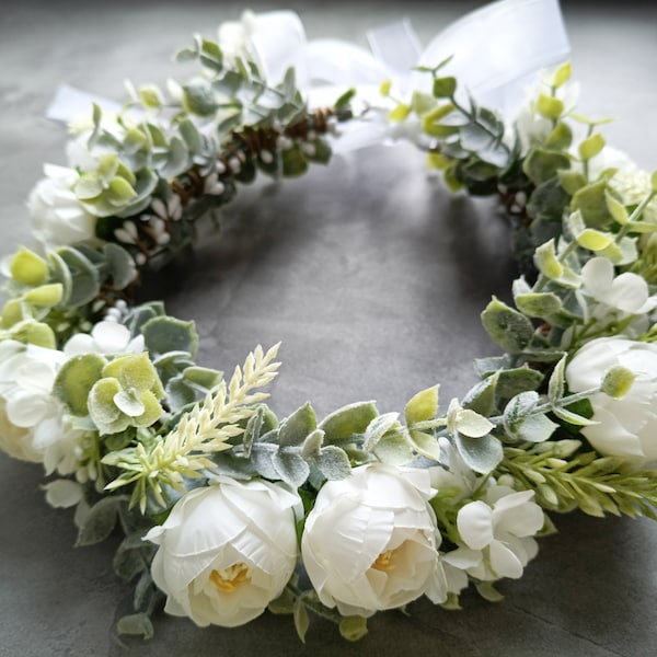 Dog Wedding Flower Collar, Faux Greenery and Silk Flowers Wedding Wreath, White Flower Crown, Flower Girls Wreath, Dog Birthday Attire