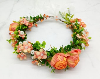 Dog Wedding Flower Collar, Faux Greenery and Silk Flowers Wedding Wreath, Orange Rose Crown, Flower Girls Wreath, Dog Birthday Attire