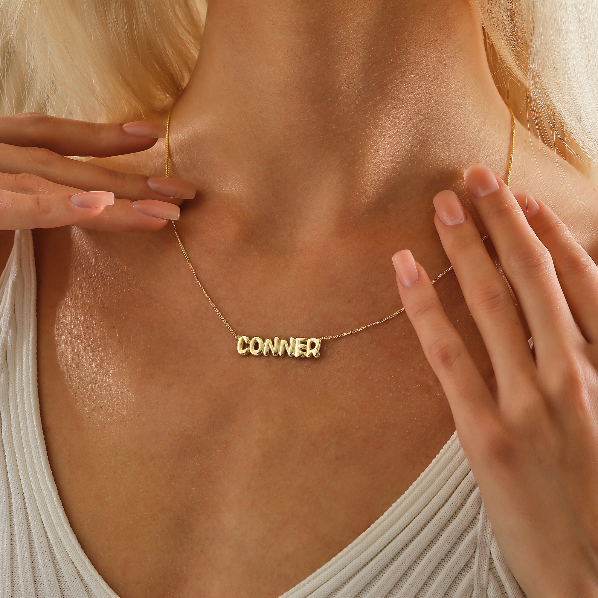 Personalized Bubble Name Necklace - 3D Balloon Letter Jewelry - Customized Silver & Gold Necklace