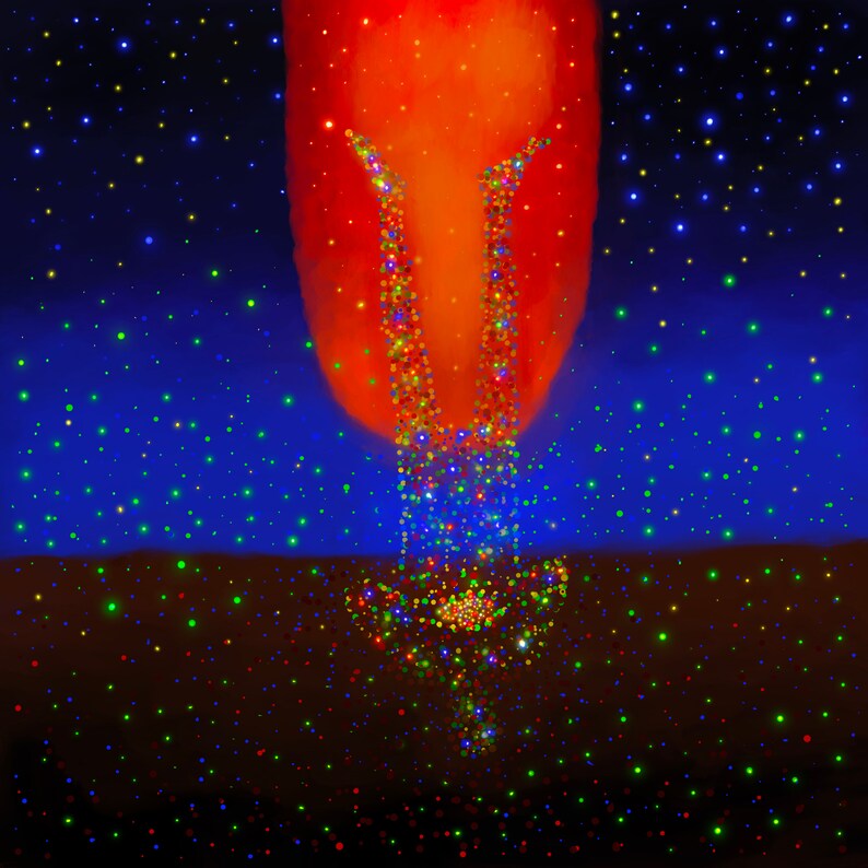 Peut inclure: Art num&eacute;rique abstrait avec une forme orange, rouge et jaune vif en haut de l'image. La forme est compos&eacute;e de petits points color&eacute;s. La forme est entour&eacute;e d'un fond bleu fonc&eacute; avec de petits points color&eacute;s. Le bas de l'image est un fond brun fonc&eacute; avec de petits points color&eacute;s.