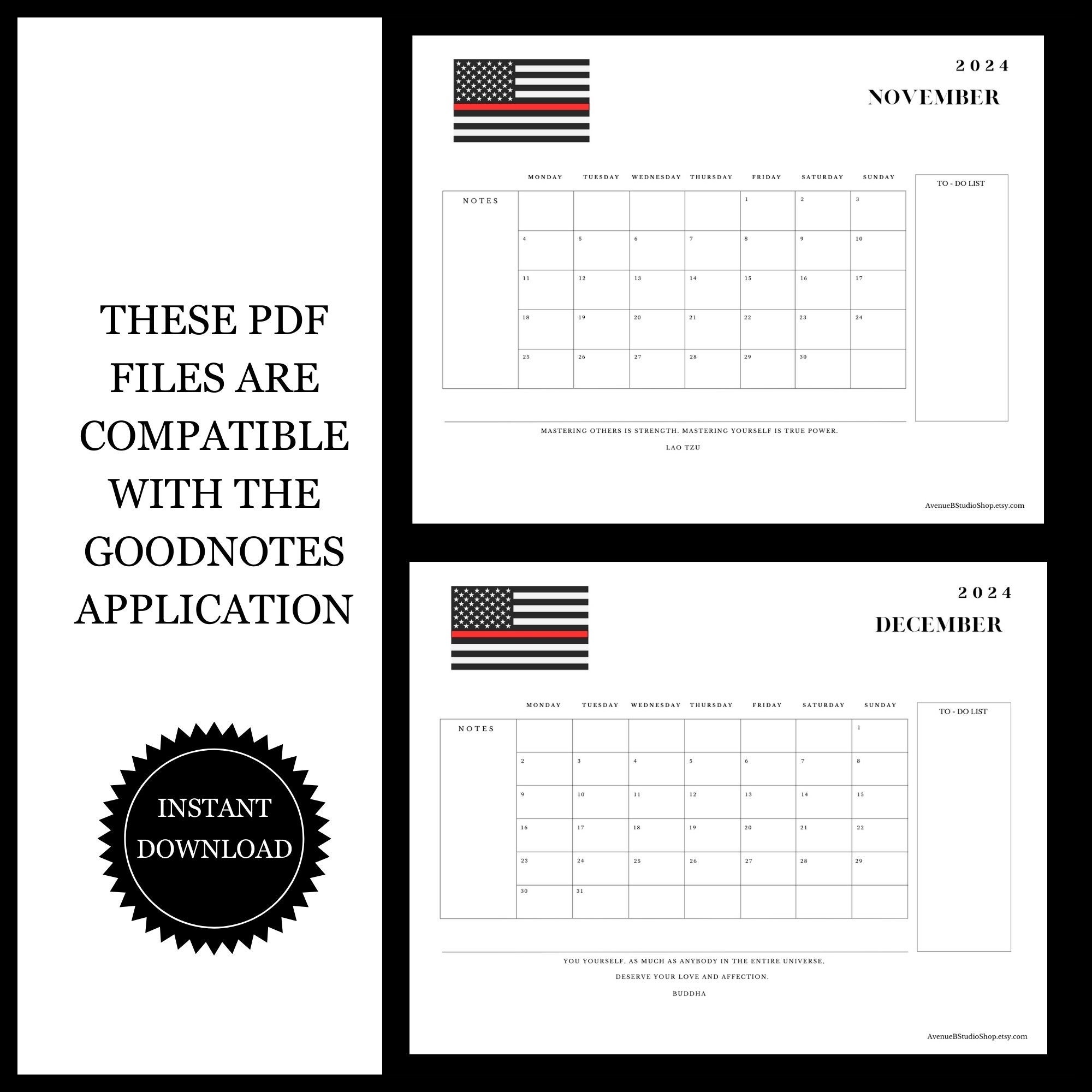 Printable PDF 2024 Monthly Thin Red Line Flag/firefighter Flag Calendar