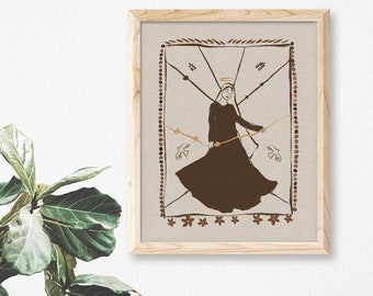 May include: A framed print of a woman in a brown dress with a halo, holding a string with two birds on it. The background is a beige canvas with a brown patterned border.