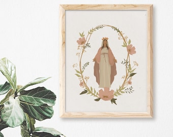 Blessed Mother | Catholic Art Print | Pink Floral Girls Room