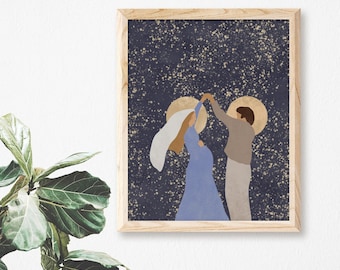 Catholic Art Print | Mary and Joseph Dancing Under the Stars | Advent Art | Gift for Catholic