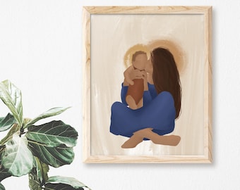 Blessed Mother | Mary and Baby Jesus | Minimalist Catholic Art | Christian Artwork | Religious Art Print | Gift for Pregnant | Gift for Mom
