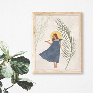 May include: A digital illustration of a person wearing a blue dress and a yellow halo standing in front of a beige background with green palm leaves.