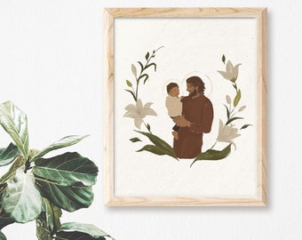 Saint Joseph and Jesus | Catholic Art Print | Floral Border