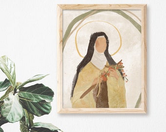 May include: A digital illustration of a woman in a brown and yellow robe with a halo above her head. She is holding a bouquet of flowers in her hands. The background is a light beige with abstract shapes in shades of green and brown.