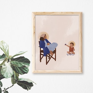 Blessed Mother | Mary Mother of God | Toddler Jesus | Nursery Decor | Catholic Art Print | Jesus Playing Blocks | Christian Wall Decor