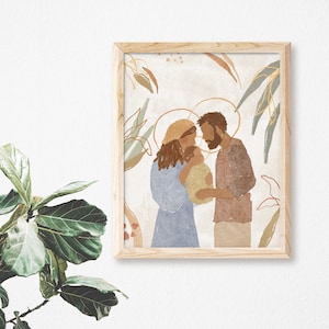Die Heilige Familie | Katholischer Kunstdruck | Religiöses Wohndekor | Jesus, Maria und Joseph | Tropisches Thema