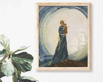May include: A painting of a woman in a blue robe holding a child. The woman is standing on a rocky shore with waves crashing behind her. The painting is done in a watercolor style with a soft, dreamy feel.