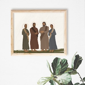 May include: A framed illustration of four people standing together. They are all wearing long robes and have halos above their heads. The background is a light beige color with a subtle brushstroke texture.