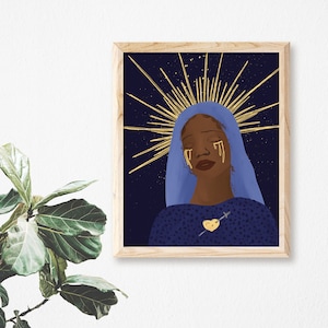 May include: A digital illustration of a woman with dark skin wearing a blue robe with a gold halo and gold tears. She has a gold heart with a gold arrow through it on her chest. The background is a dark blue with gold stars.