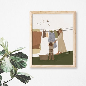 Mary and Jesus Doing Laundry | Catholic Art Print