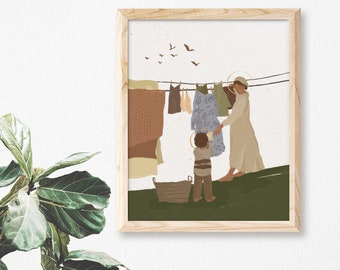 Mary and Jesus Doing Laundry | Catholic Art Print