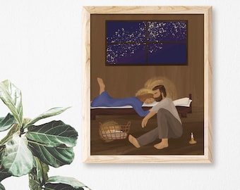 Catholic Art Print | The Holy Family | Silent Night  | Resting | Jesus, Mary, and Joseph | Starry Night | Christmas Art