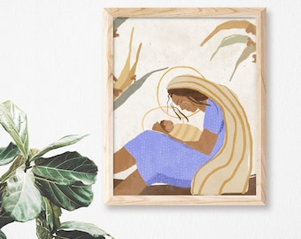 Blessed Virgin Mary and Baby Jesus | Catholic Art Print | Mary Crying