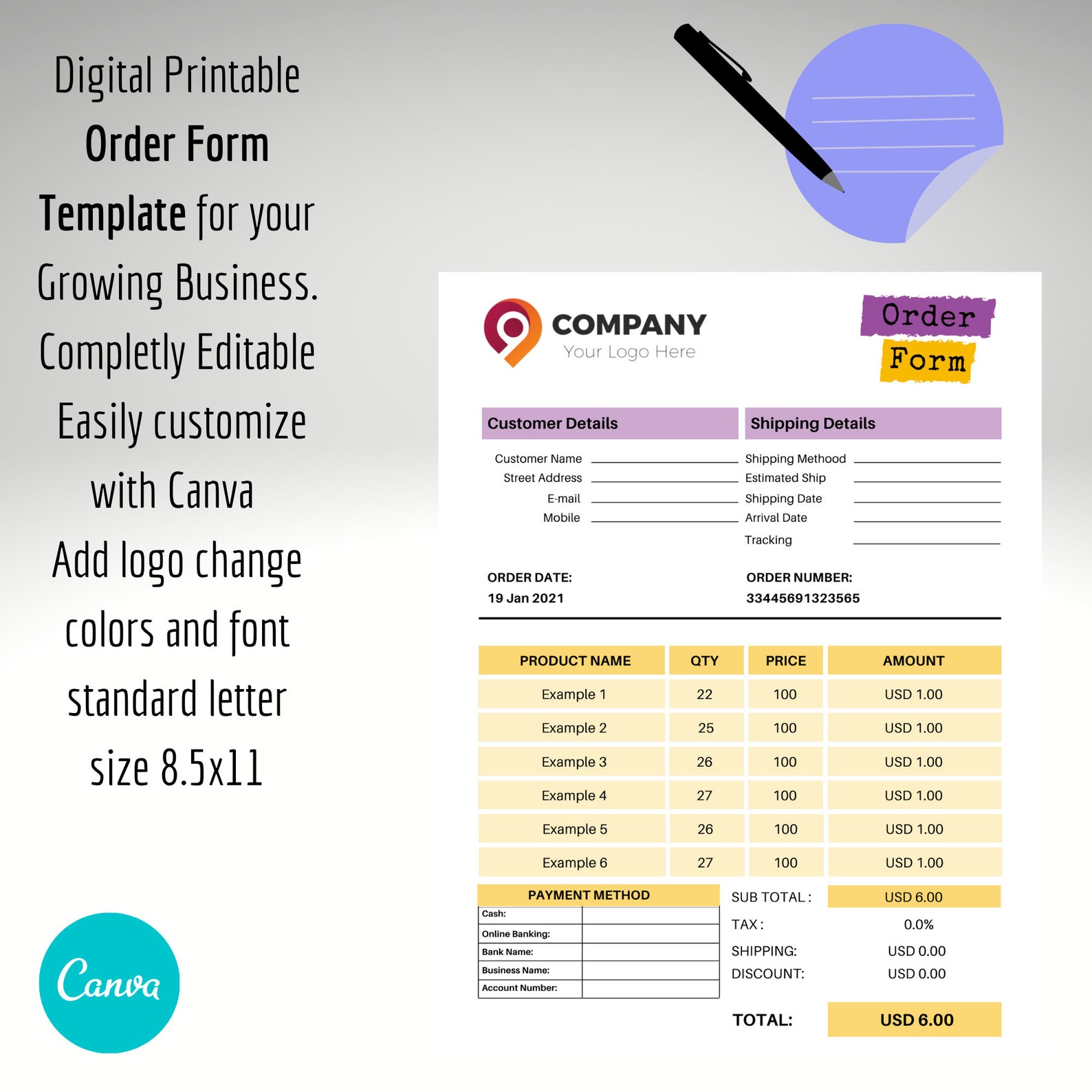 Order form Template. Business Template Instant download Etsy