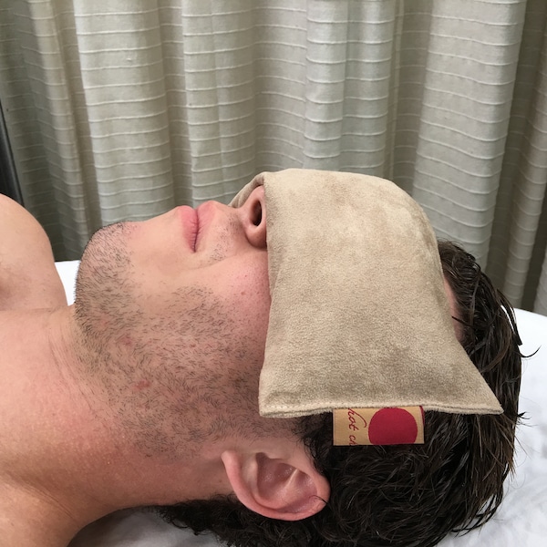 Hot Cherry Eye Pillow in Tan Ultra-suede flaxseed eye pillow The selfcare enthusiast friend on the mend wellness Enthusiast gifts