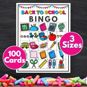 Back to School Bingo Game | 100 Printable Cards with School Supply Pictures for Kids and Classrooms