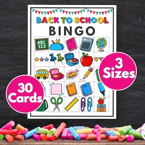 Back to School Bingo Game | 30 Printable Cards with School Supply Pictures for Kids and Classrooms