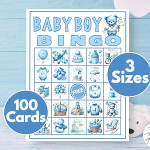 Babyparty Bingo - Baby Thema Junge - 100 einzigartige Karten mit Calling Pieces - Sofortiger Download PDF - Baby Sprinkle, Sip & See Spiel