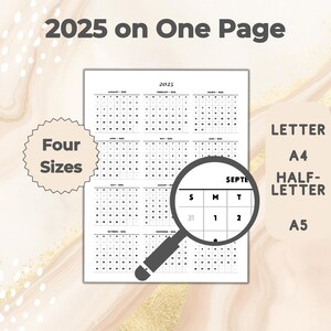 2025 Year at a Glance, Sunday & Monday Start  PDF Download, 2025 Yearly Calendar Printable, Letter, A4, Half Letter, A5 Digital Planner