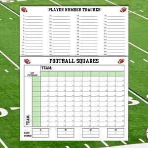 May include: A white paper sheet featuring a Player Number Tracker with numbered lines from 1 to 100 and a Football Squares grid labeled Team, Cost Per Square, and Score Winner for four quarters, decorated with small brown football illustrations.