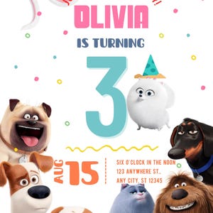 May include: A colorful birthday party invitation featuring cartoon pets. The invitation reads "Join us for a Paw Party!" and includes the name "Olivia" and the number "3". The date is August 15th.