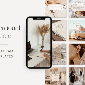 Könnte beinhalten: Ein Set mit 12 Instagram-Vorlagen mit inspirierenden Zitaten in minimalistischer Ästhetik. Die Vorlagen zeichnen sich durch eine neutrale Farbpalette mit Beige-, Braun- und Weißtönen aus. Die Zitate beinhalten Sätze wie "Wünsche es dir nicht, arbeite dafür" und "Ich bin wieder verliebt in mich selbst".
