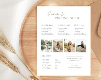May include: A white pricing guide for senior portrait photography packages. The packages are Deluxe, Classic, and Mini. The guide also includes a la carte pricing for extra hours, prints, canvases, and albums. The guide includes the text "Senior Pricing Guide", "Deluxe £300", "Classic £180", "Mini £100", "Ala Carte", "Extra Hours", "4 x 6 Print", "5 x 7 Print", "8 x 10 Print", "11 x 14 Canvas", "16 x 20 Canvas", "8 x 10 Album", "12 x 12 Album", "Your Photography Studio Name", "[email protected]", "www.yourwebsite.com".